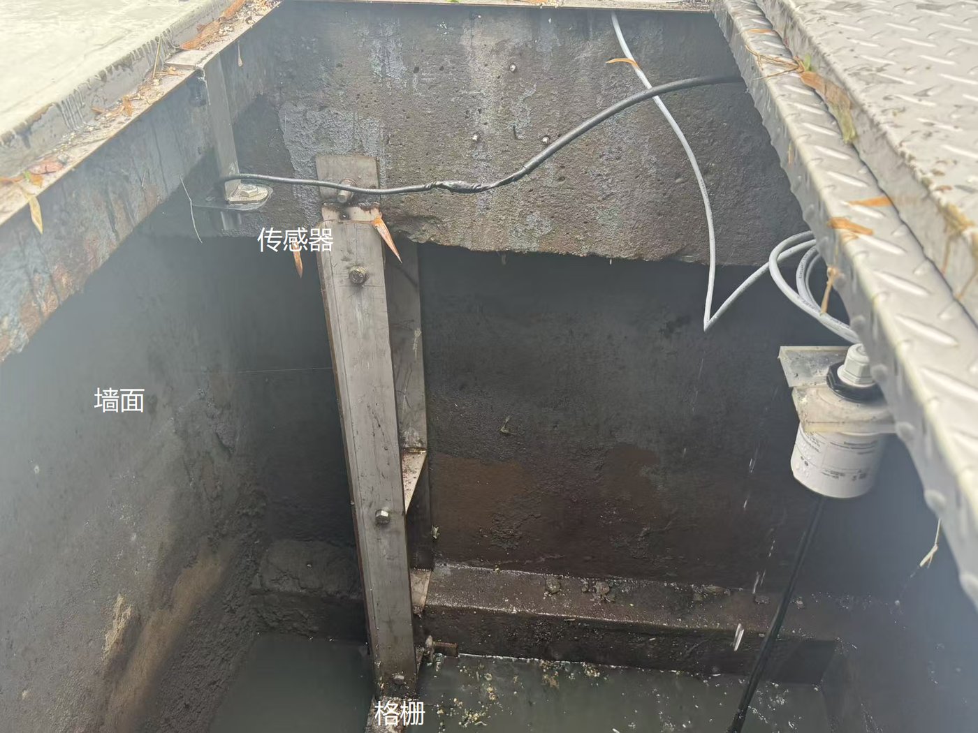 华东某水厂 6 米池深液位监测现场：探头紧邻格栅与井壁安装